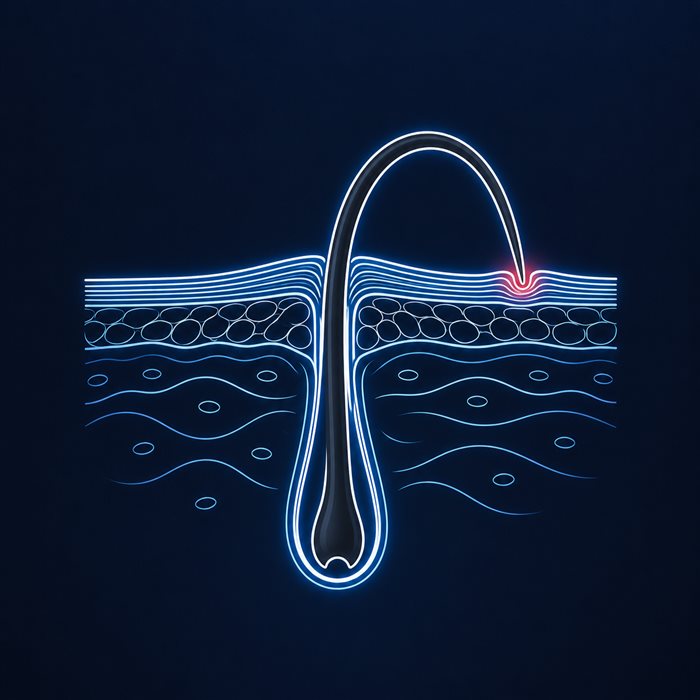 Cross-section diagram of a curved hair looping back and re-piercing the skin under thickened buildup, the target glycolic acid is formulated for