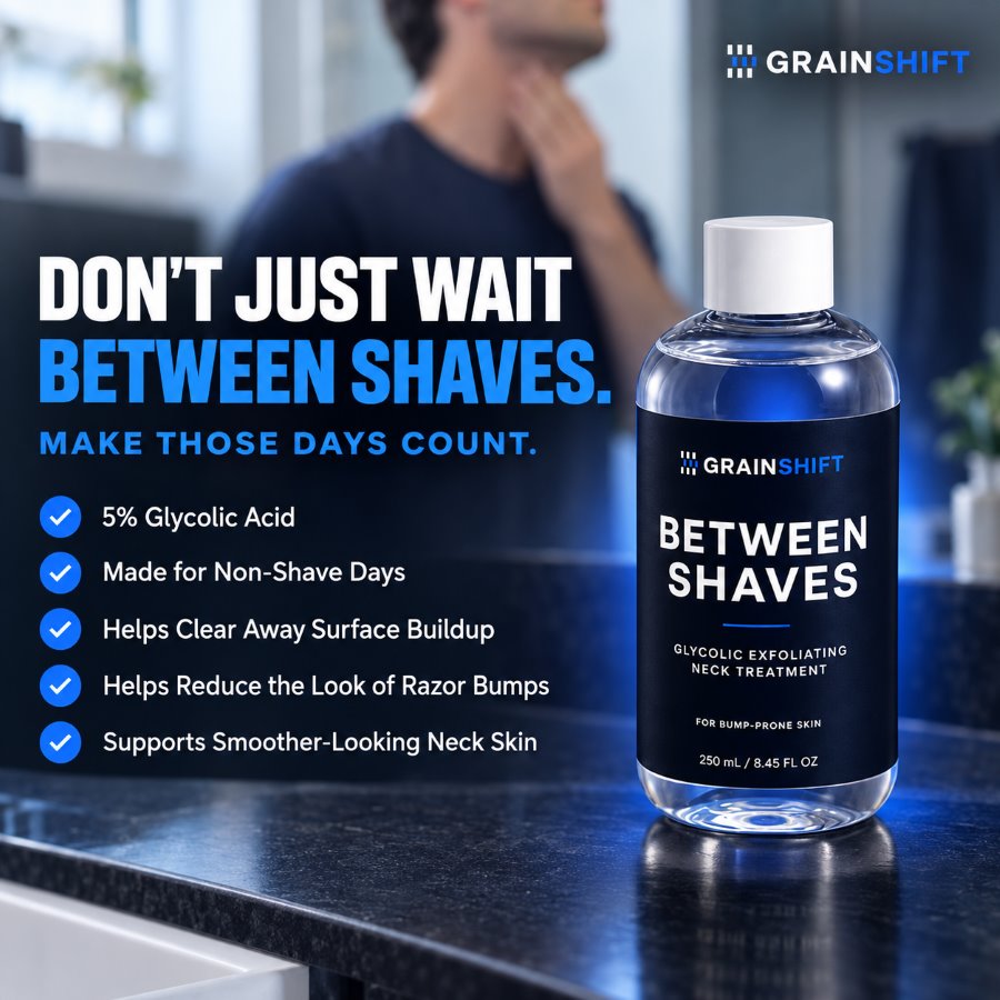 Between Shaves benefits: 5% glycolic acid, made for non-shave days, helps clear surface buildup, helps reduce the look of razor bumps