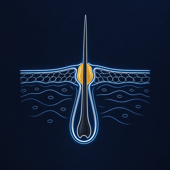 Cross-section diagram of a hair follicle with an oily, clogged sebaceous gland, the target salicylic acid was built for